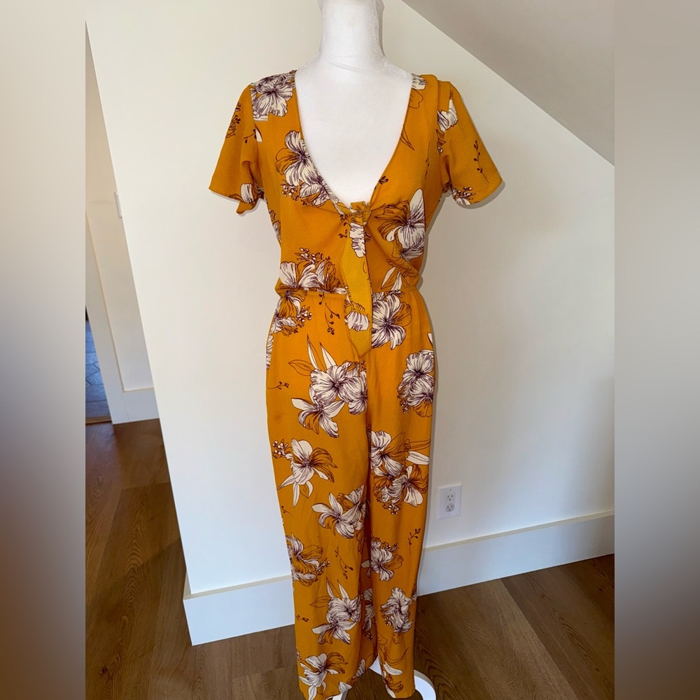 Superdown Yellow and White Floral Jumpsuit with Flutter Sleeves